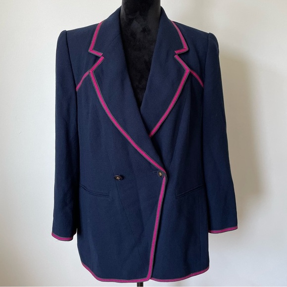 Louis Feraud Navy Blue Pure Wool Two Button Fabric Trim Blazer Jacket EUC Sz 12
